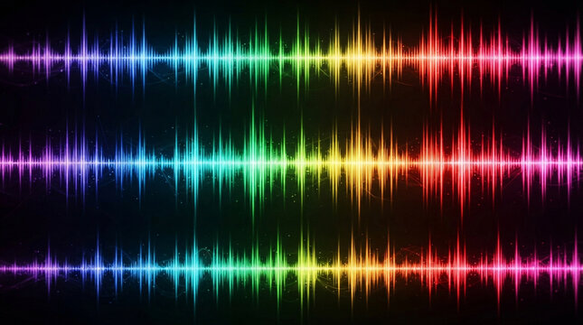 Vibrant digital sound waves visualization with a colorful spectrum on a dark black background