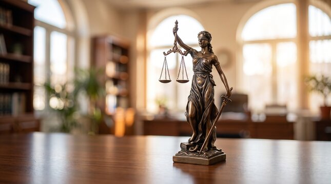 Iconic representation of justice and law, featuring a detailed statue with scales in a professional attorney's office interior