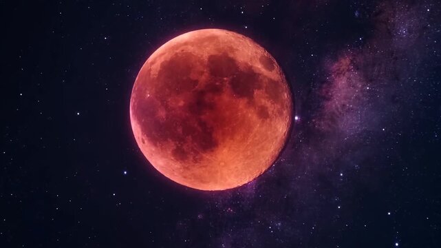 Blood moon total lunar eclipse glowing deep copper red in a starry dark sky, slow zoom