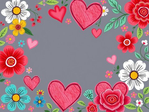 Whimsical hand-drawn hearts surrounded by floral patterns, flowers, illustrations