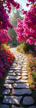 Winding stone pathway amidst vibrant blooms, warm sunlight filtering through, nature, sunshine
