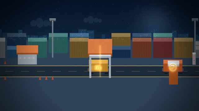 Customs scanner gate and stamp station beside stacked containers