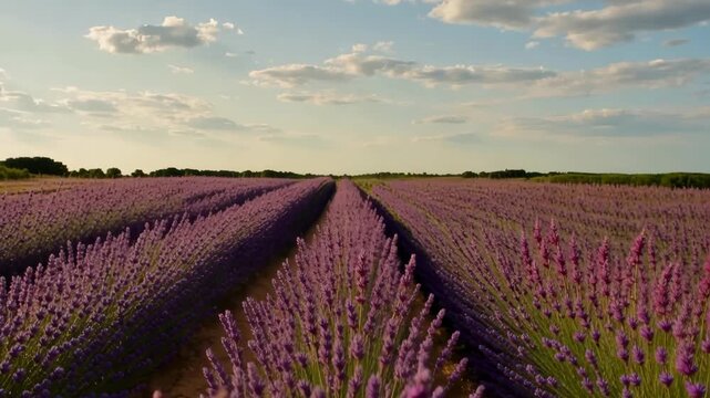 Purple flowering field with camera moving through blossoms toward parallel rows beneath a softly clouded sky in a sunlit rural agricultural landscape