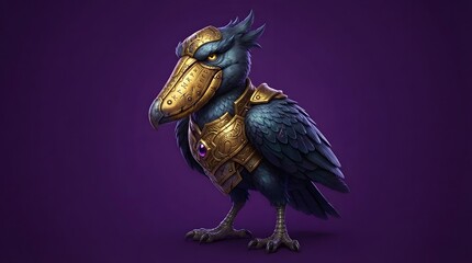 Fototapeta premium Fantasy raven character in golden armor on purple background