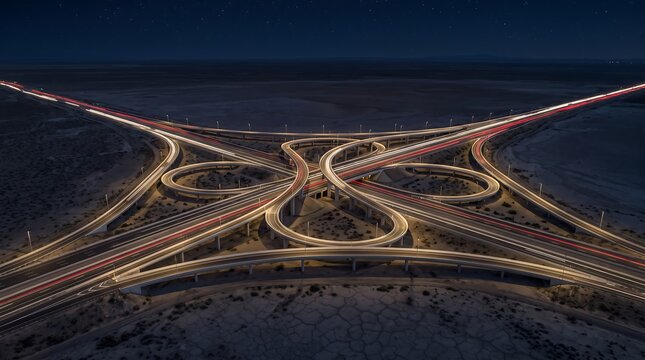 Complex highway interchange at night with blurred motion of vehicle lights
