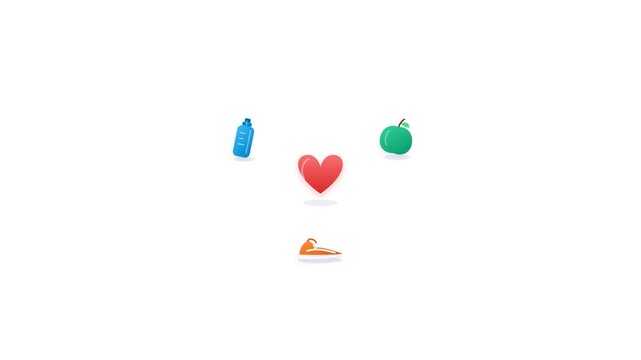 Minimalist animated icons of a heart apple water bottle and sneaker representing fitness wellness and nutrition on a white background. Perfect for healthcare or fitness marketing videos.