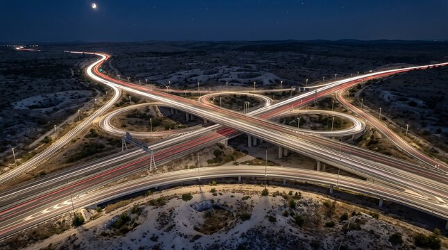 Dramatic aerial view of a complex highway interchange at night with light trails