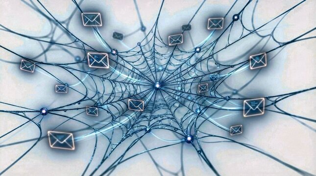 Spiderweb connecting abstract message envelopes across multiple nodes &mdash; pure white background