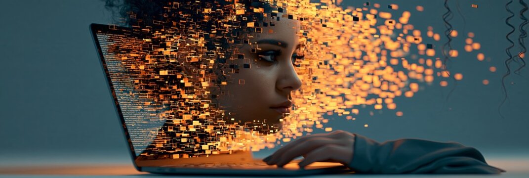 Digital person coding with data disintegration effect. Person interacting with a laptop, her form dissolving into abstract digital data