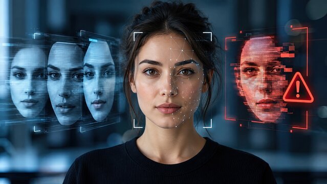 AI deepfake detection scan analyzes a woman's face with facial recognition markers and blue and red digital identity screens.