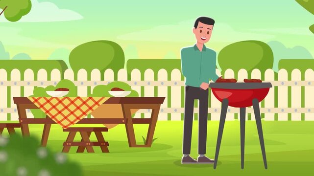 Smiling man cooking barbecue outside in backyard garden with picnic table during sunny afternoon motion video clip