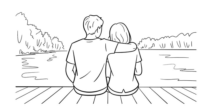 Young couple sitting on a wooden dock by the lake