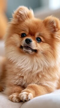Fluffy orange Pomeranian puppy with a shy sideways glance in a pastel living room