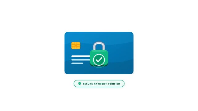 Animated sequence showing a blue credit card with a security padlock and a verified badge on a solid white background. Perfect for e-commerce checkout and fintech explainer videos.