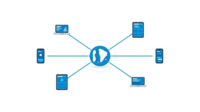 Clean blue vector animation featuring a globe connected to smartphones and laptops on a white background showing data flow. Perfect for technology and connectivity presentations.