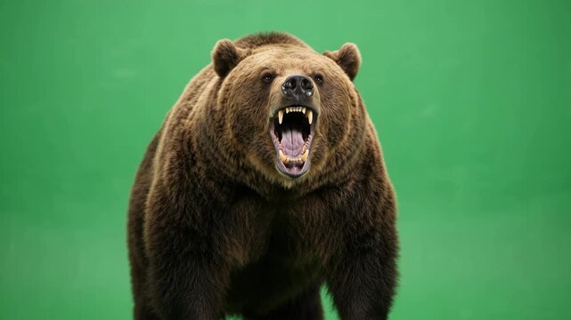 Large brown bear roaring and snarling against a green chroma key background. Wild predator demonstrates aggression by opening its mouth to reveal sharp teeth in a studio setting
