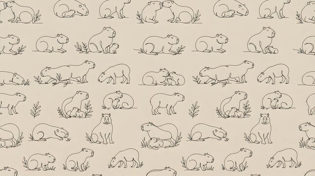 Seamless pattern with capybara illustrations on beige background