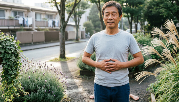 Middle Aged Man Doing Breathing Exercise Meditation Outdoors In Park