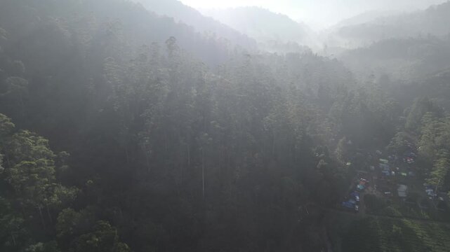 Aerial View of Misty Forest Mountains at Sunrise with Campsite at Ciwidey Bandung, West Java, indonesia