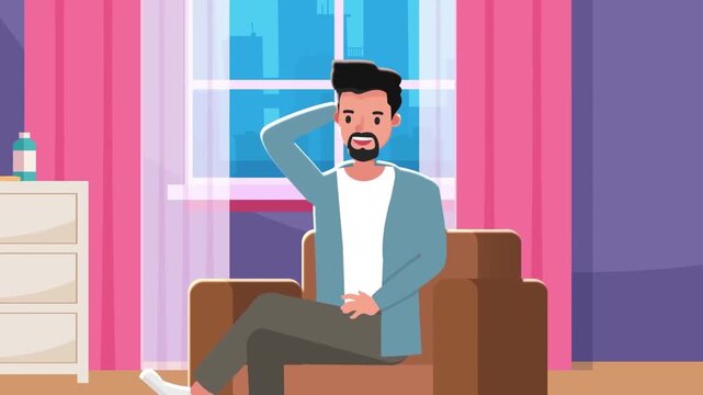 Relaxed man sitting comfortably in a cozy armchair inside his modern apartment living room vector animation video footage