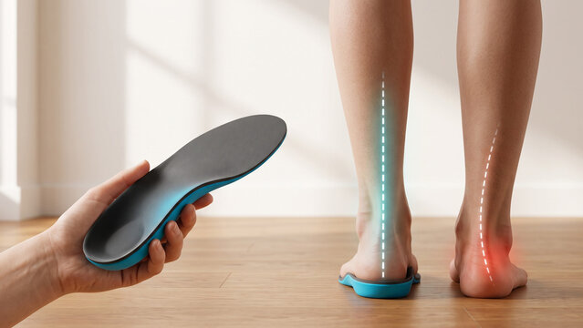An orthotic insole supports foot alignment while overpronation shows heel strain, Soothes Sore Heel