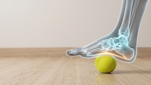A bare foot rolls over tennis ball to release plantar tension and support fascia, Soothes Sore Heel