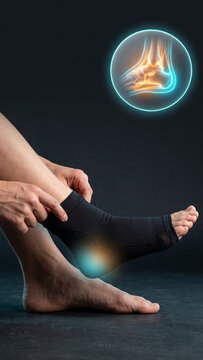 The hands adjust a black compression sock around the heel for orthopedic support, Soothes Sore Heel