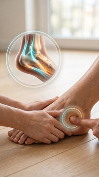 The hands apply thumb pressure to heel with an anatomical relief callout, Soothes Sore Heel