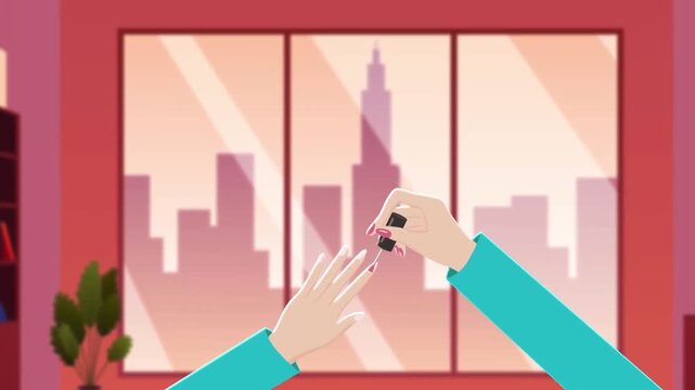 Woman painting her fingernails with pink nail polish in front of a city skyline window animation footage