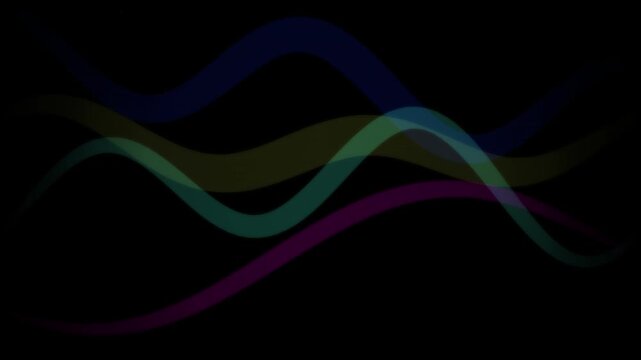 Soft flowing colored wavy lines overlap against a deep dark black background