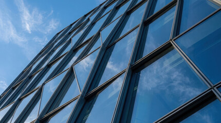 Obraz premium Modern glass skyscraper exterior showing dynamic architectural lines and sky reflections