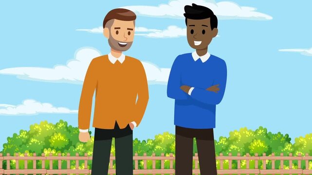 Diverse male friends chatting happily together in a sunny park background animation loop video footage