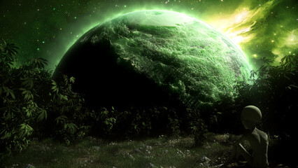 Emerald planet in a surreal alien landscape for cosmic exploration, science fiction worlds, extraterrestrial environments, futuristic storytelling, space travel and cinematic fantasy © Versa