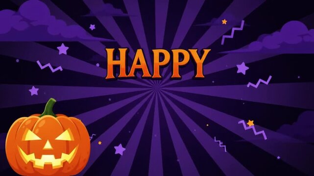 Animation jack o lantern and text on purple sunburst background with bats and clouds for festive event Halloween party, banner, social media feed, glowing Video.