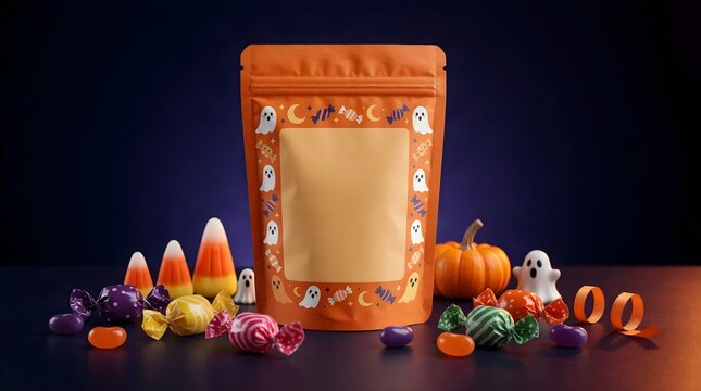 Halloween candy pouch mockup with blank label, colorful sweets, pumpkins, and ghost decorations