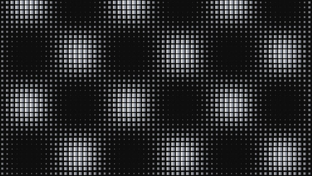 Abstract halftone pattern with silver square gradients on a dark black background
