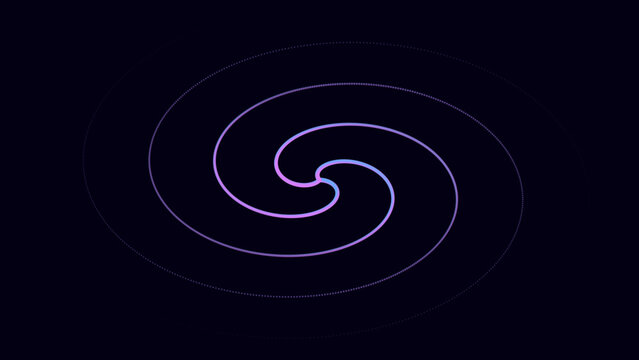 Abstract purple spiral neon light trail on dark background with copy space for digital design