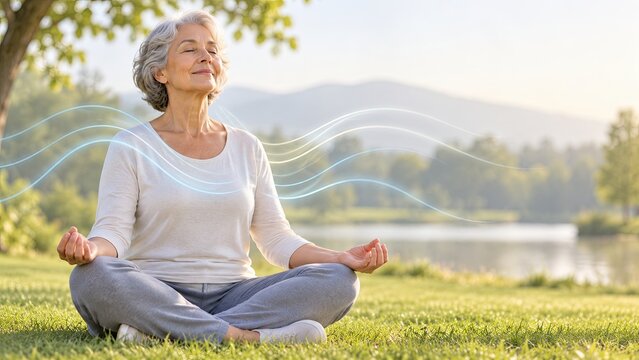 Senior woman meditating cross-legged outdoors beside a lake with flowing light waves symbolizing calm breathing and anxiety relief.