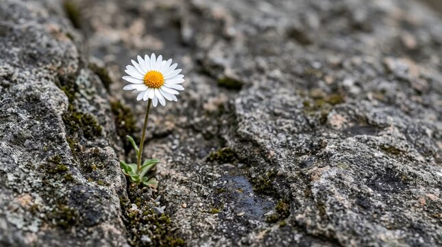 A delicate white daisy flower with a bright yellow center blooming resiliently from a deep crevice in a rough, textured gray rock surface, symbolizing nature's persistence and