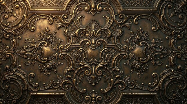 Antique bronze ornament background with intricate baroque floral carvings and metallic textured relief surface pattern