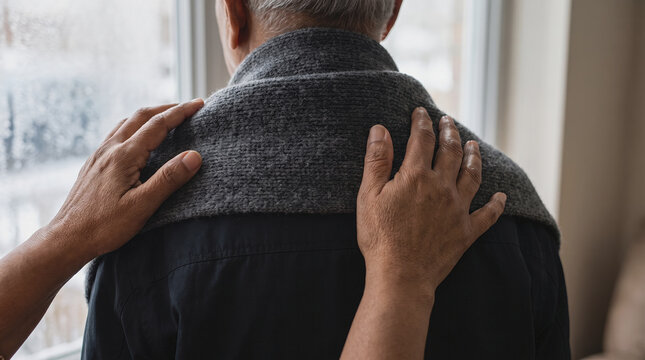 Rear view of a caregiver's hands adjusting a woollen shawl over an elderly person's shoulders