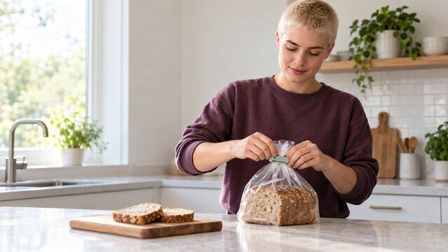 Woman Resealing a Bread Bag in a Home Kitchen