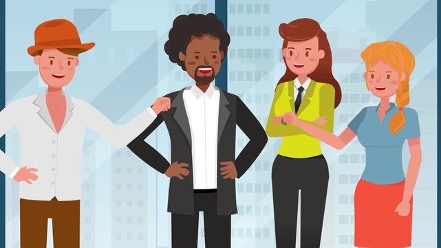 Diverse business team smiling proudly together inside modern office corporate animation video clip