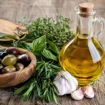 Olive oil with fresh herbs and garlic on a wooden table