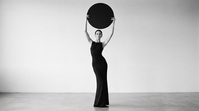 Woman in black dress holding round object above head in empty studio  