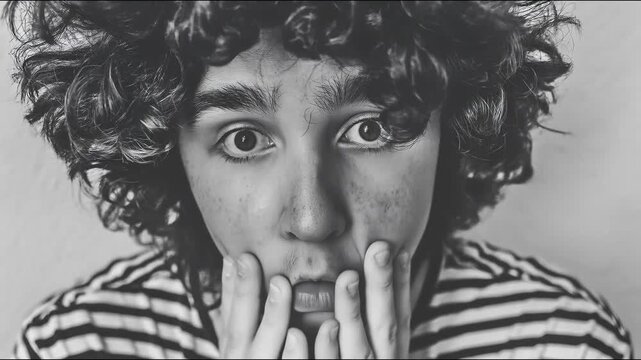 A young person with curly hair slowly lowers their hands from their face to reveal wide, startled eyes in a black and white.