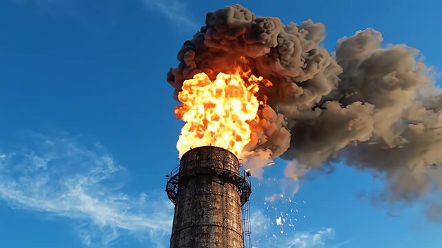 Massive fireball erupting from an industrial chimney stack against sky