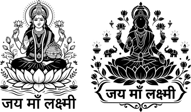 Jai Maa Lakshmi black and white vector badge set featuring Goddess Lakshmi seated on a lotus with diyas, elephants, and Hindi text.
