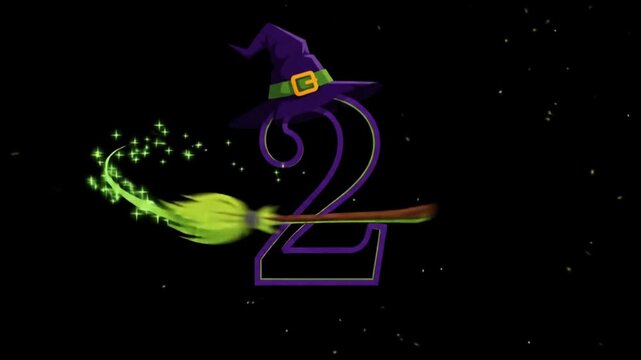 Animation Countdown numbers with ghost and witch broomstick on black background for seasonal holiday event Halloween party, banner, social media feed, glowing Video.