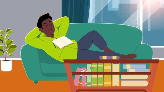 Animated young man sleeping peacefully on a comfortable green couch with an open book in video clip